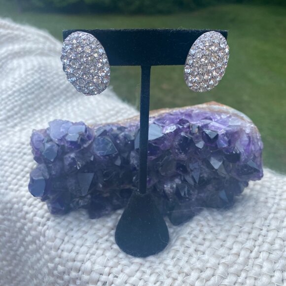 Vintage Givenchy NY Rhinestone Studded Omega Back Pierced Earrings Silver tone - Picture 5 of 7